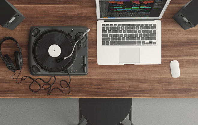 Listening with laptop headphones and turntable