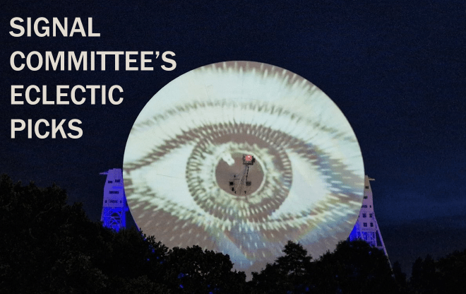 Lovell Telescope with giant eye projected on to the satellite dish